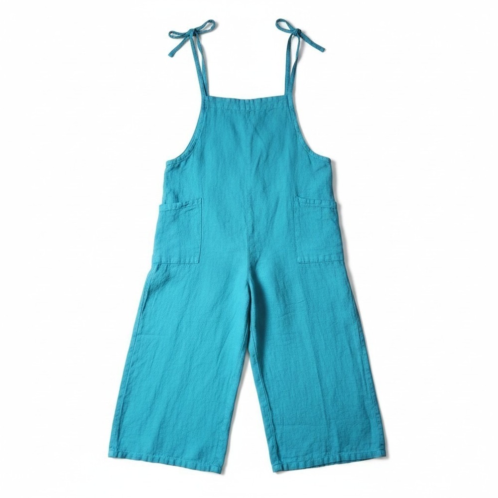 Italia Jumpsuit Teal Linen Lagenlook Pockets Wide Leg Cropped One Size